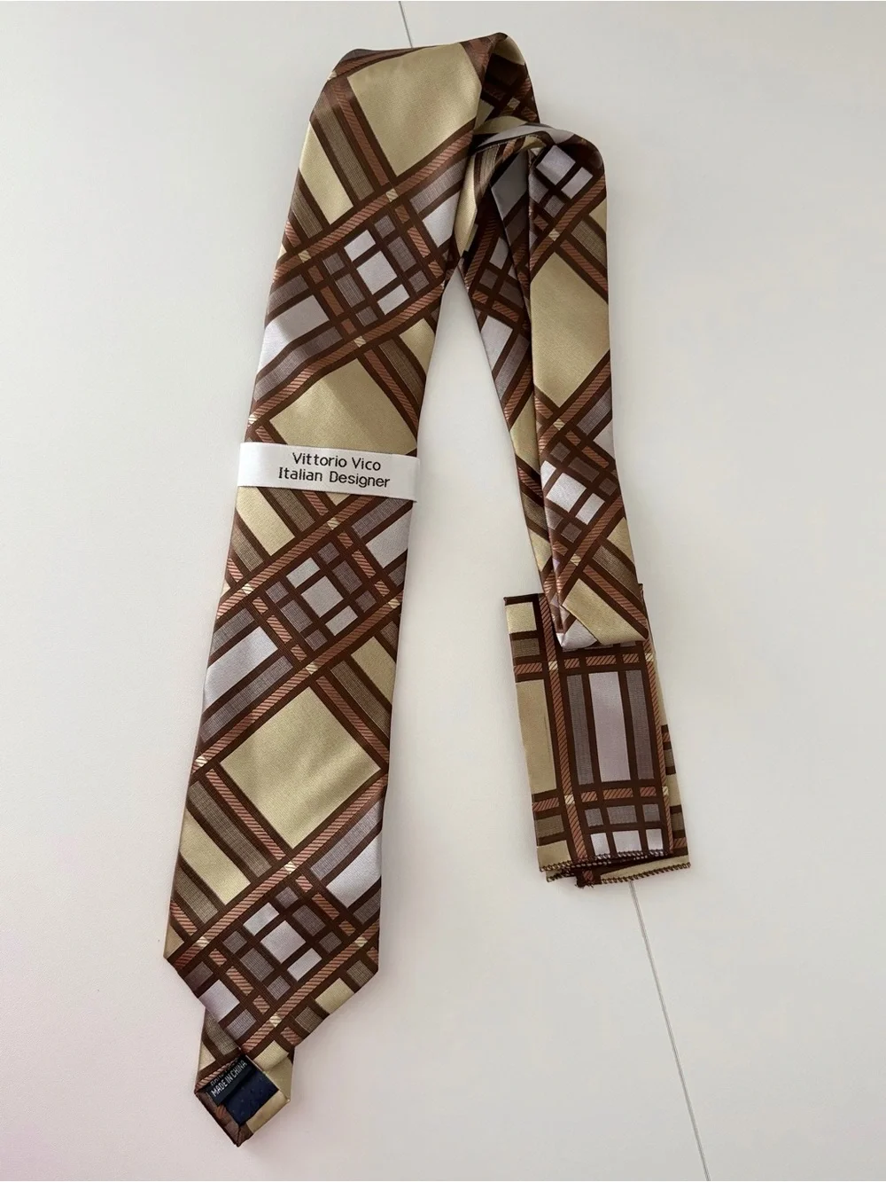 Vittorio Vico Italian Designer Silk Tie Brown Beige Geometric Plaid Made Italy